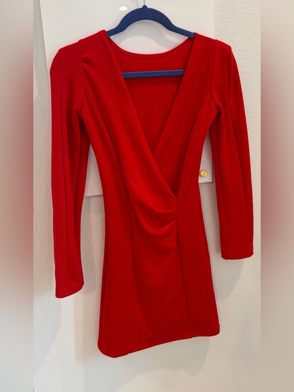 NWOT Red Long-Sleeve Deep V Wrap Mini Dress